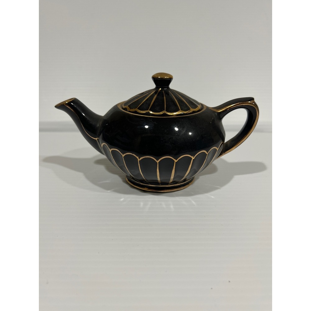 Vintage Black Ceramic Teapot with Gold Scalloped Trim and Lid